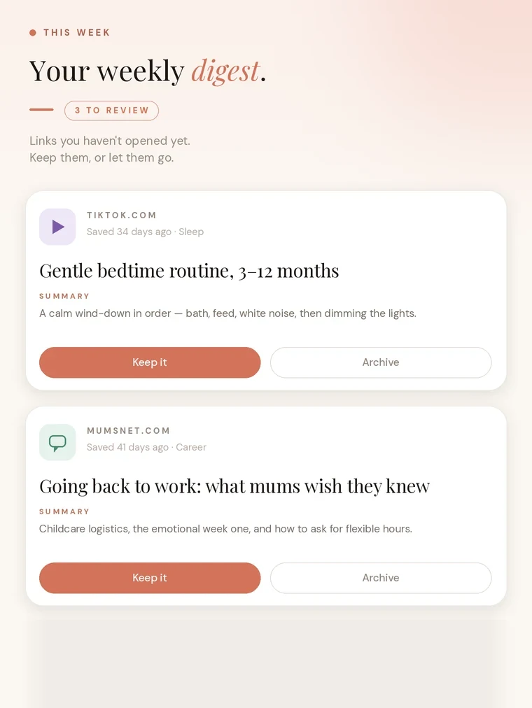 The LinkGo weekly digest: links you have not opened yet, each with a short summary and a keep or archive choice.