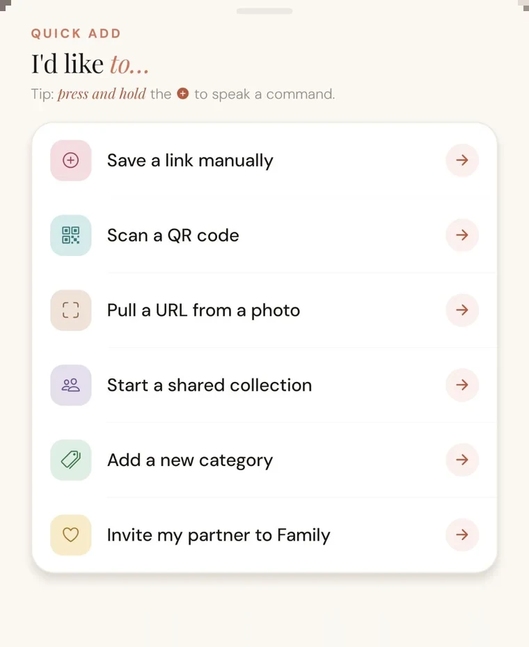 The LinkGo quick add sheet: save manually, scan a QR code, pull a URL from a photo, start a shared collection.