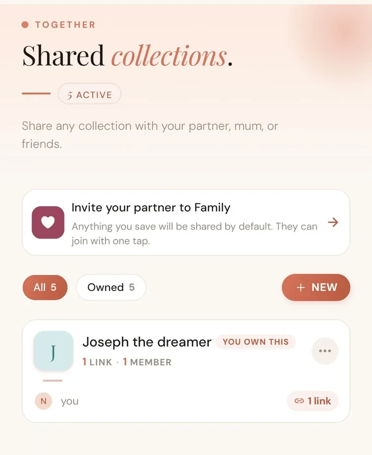 The LinkGo shared collections screen with an invite-your-partner card and collection members.
