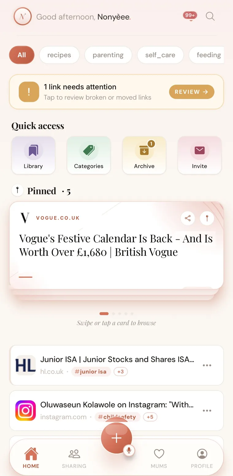 The LinkGo home screen. A pinned British Vogue article above a Hargreaves Lansdown Junior ISA page and an Instagram post about child safety &mdash; fashion, money and parenting saved in one place.