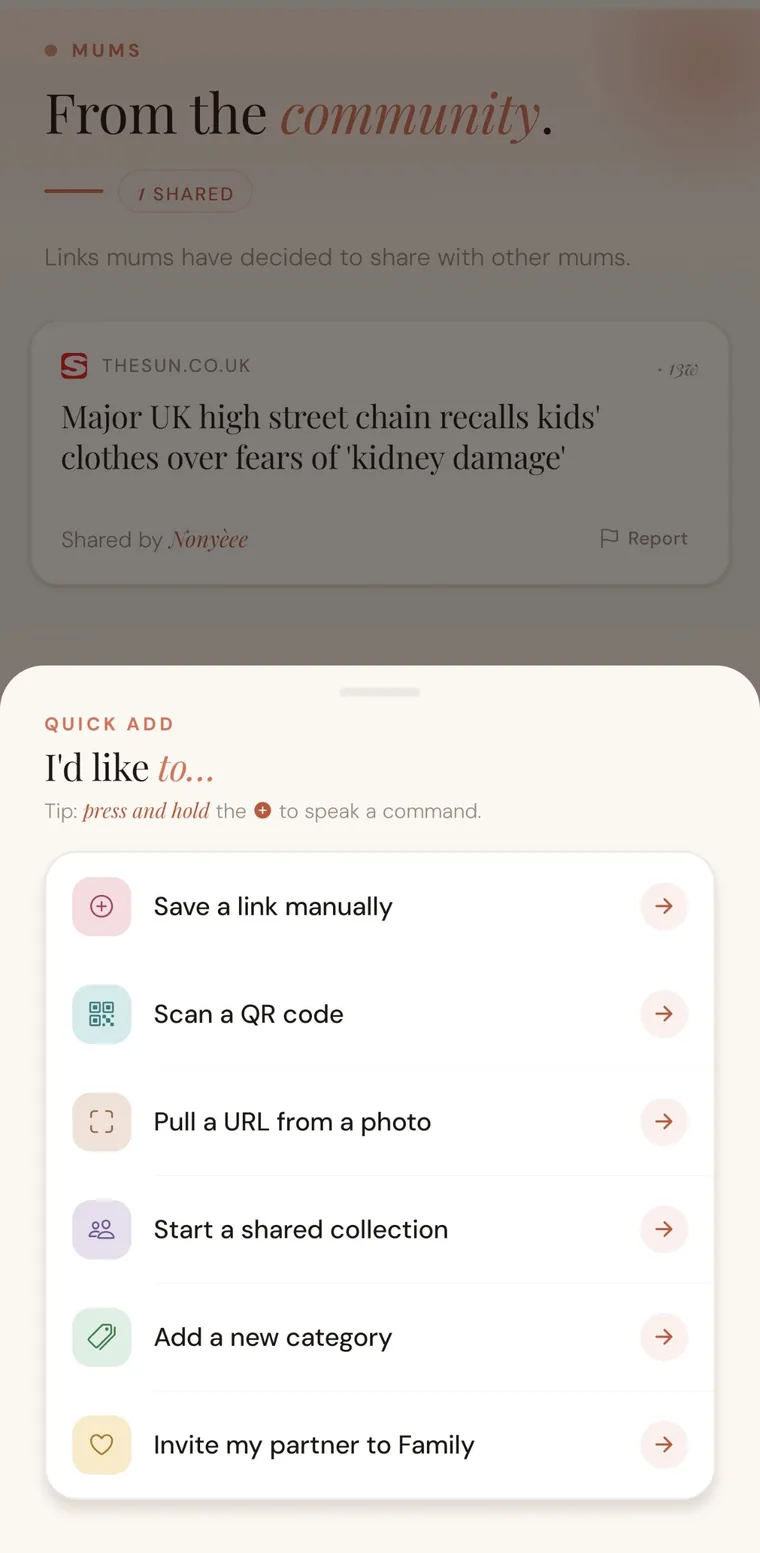 The LinkGo quick add sheet: save a link manually, scan a QR code, pull a URL from a photo, start a shared collection, add a new category, invite my partner to Family.