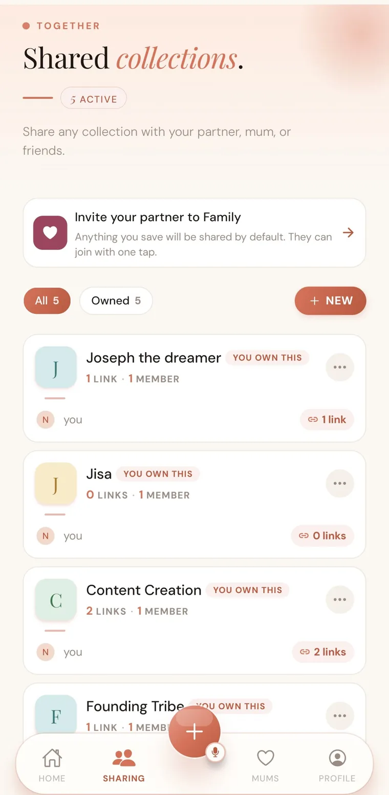 The LinkGo shared collections screen, with an invite-your-partner card and collections showing how many links and members each has.